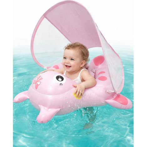 Flotador infantil para piscina con parasol UPF50+, flotador antivuelco, asiento ergonómico con toldo extraíble y cascabeles. (1/4)