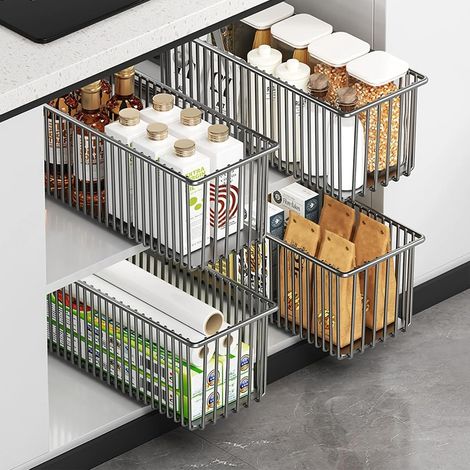 Paquet de 4 paniers d’organisateur d’armoire coulissants, coulissants de nettoyage amovibles, organisateur d’armoire coulissant télescopique pour la cuisine, étagères de paniers de tiroirs cou (1/5)