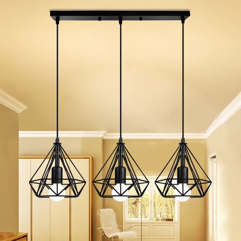Lustre Suspension Industrielle de 3 Luminaire Cage Diamant Vintage , E27 Lampe de Plafond Abat-Jour pour Restaurant Bar Café - Noir (1/5)