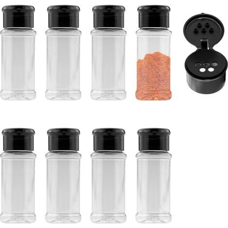 8 Pièces Petite Pots à épices en Plastique, 100 ml Conteneurs de Pots à Epice avec Couvercle et 5 Trous, Réutilisable Rondes Bocal à épices, pour épices, Sel, Poivre, Poudre, Herbes et Poudres (1/5)