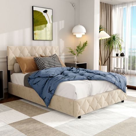 Cama tapizada 140x200 cm funcional con estructura de terciopelo beige OKMYHOME (1/5)