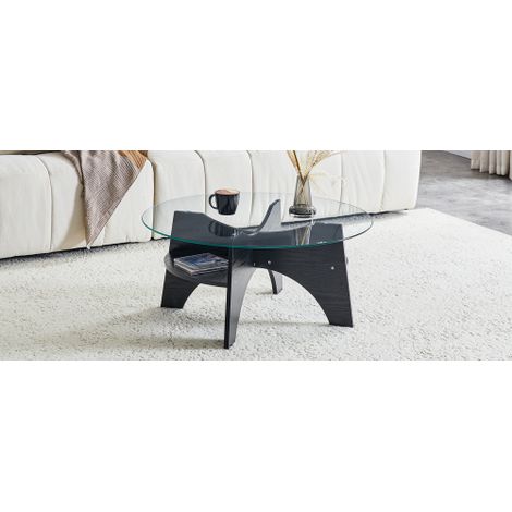 Table d'appoint ronde moderne en verre de sécurité – design multifonctionnel. Piétement en forme d'éventail. Pieds en MDF avec finition effet bois noir. Idéale pour les salles à manger, les salons, le