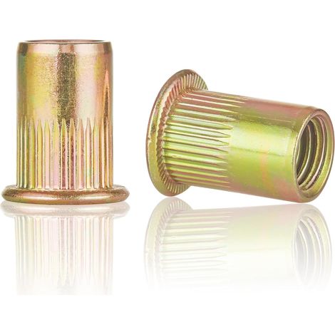 Lot de 150 écrous à sertir à tête plate M5 en acier au carbone galvanisé – Inserts filetés M5 pour métal et plastique, 10 mm x 13 mm (1/4)