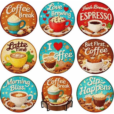 Diamond Painting Untersetzer Set mit Halter, 8er Kaffee-Motive DIY