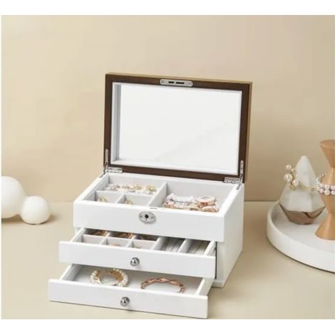 Boîte à Bijoux à 3 Niveaux en Bois d'Ingénierie, Coffret à Bijoux Original avec Tiroirs, pour Bagues, Blanc (1/4)