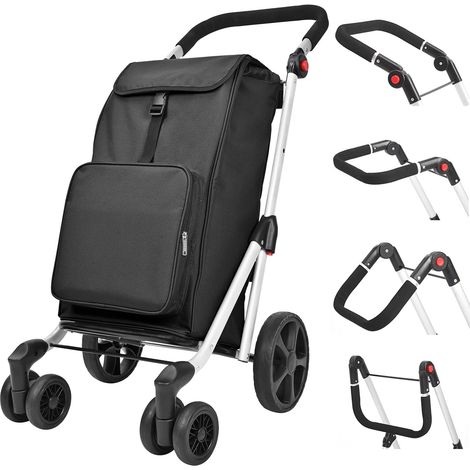Chariot de Courses Pliable 6 Roues Monte-Escalier, Panier en Aluminium 45L avec Sac Isotherme 8L, Caddie de Marché, Charge Max 25kg, Noir (1/5)