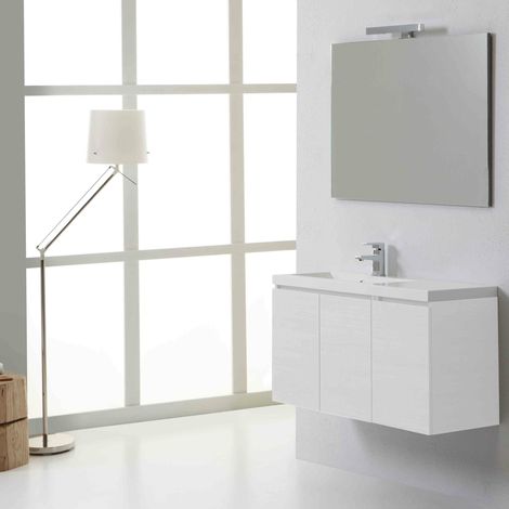 Unterschrank In Weißer Holzoptik Mit Waschbecken Links, Spiegel Und Lampe  Manhattan