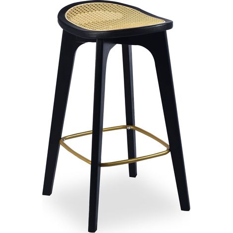 Tabouret de Bar Assise en Bambou Noir et Cannage Chaise Haute Design Naturel Assise Style Bohème H67 cm, pour Bar, Cuisine ou îlot (1/5)
