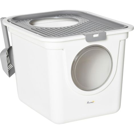 Maison de toilette Bac à litière pour chat double porte battante et supérieure, pelle fourni, 44L x 55l x 39H cm, blanc