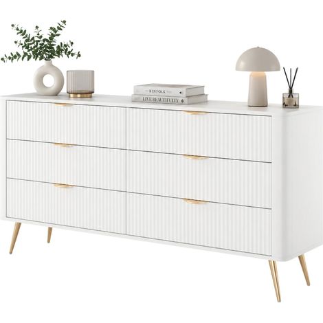 Kommode Hali, Anrichte mit 6 Schubladen, 1 Regal, Schiebetür, 163x38x81h cm Weiß