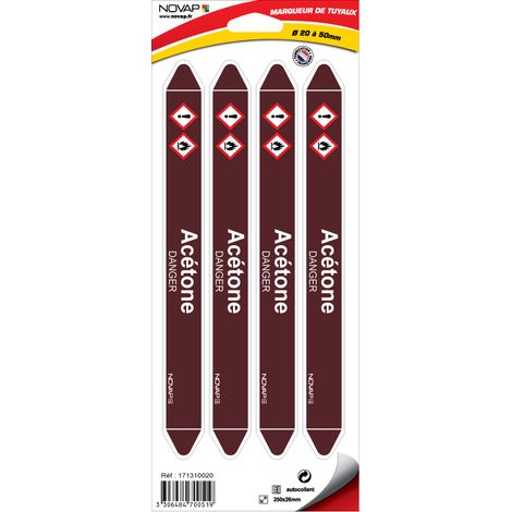 Planche de 4 marqueurs de tuyauterie 250 x 26 mm pour Ø 20 à 50 mm - Acétone - 4700519