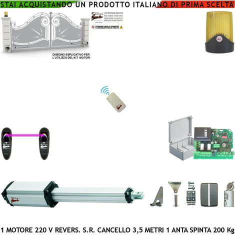 Apricancello Elettrico Kit Base Ricambio Cancello 7 MT Anta da 3,5 Metri Motore Elettromeccanico 230 V Stelo Retrattile Reversibile Corsa 600 mm Spinta 250 Kg Centrale Fotocellule 1 Radiocomando Faro (1/4)