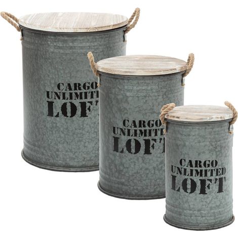 Atmosphera – Lot de 3 coffres en métal gris Loft – Dimensions : D. 27/33,5/40 x H. 41/46,5/51,5 cm – Couvercle en bois de sapin – Poignées en chanvre