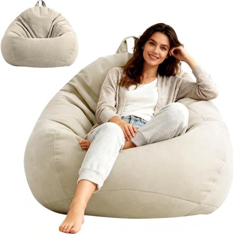 Housse de pouf XL en forme de goutte - Housse uniquement (sans rembourrage) - Pour adultes et enfants - Décoration d'extérieur - Pour salon, canapé, extérieur, 100 x 120 cm (beige) (1/5)