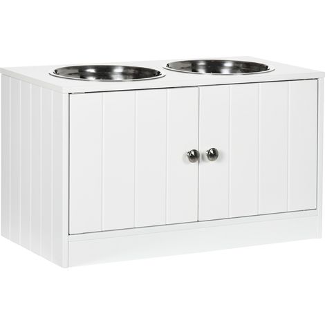 Station d'alimentation pour chiens blanche avec 2 gamelles inox, rangement 44L. Portes magnétiques design pour nourriture et eau