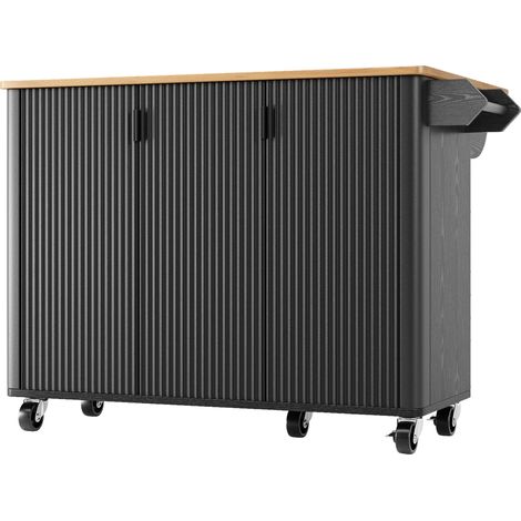 Îlot de cuisine mobile avec tablette rabattable, 3 portes, étagères ajustables, porte-serviettes, 130x45(75)x92 cm blanc et noir (1/5)