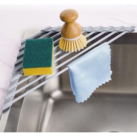Enowelir Scolapiatti triangolare arrotolabile con rivestimento in silicone per angolo del lavello, piccolo scolapiatti da cucina multifunzionale pieghevole in acciaio inox per risparmiare acqua (grigi (1/4)