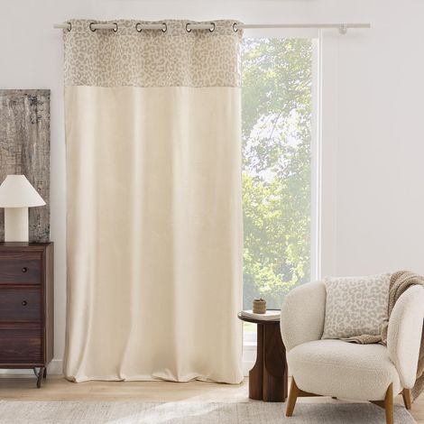 Rideau tamisant en polycoton avec bandeau jacquard chenille léopard Naturel 140x240 cm (1/5)