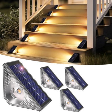 Lot de 4lampes solaires d'extérieur étanches à LED pour escaliers extérieurs, marches, clôture, cour, terrasse, gouttière, chemin, décoration, blanc chaud (1/5)