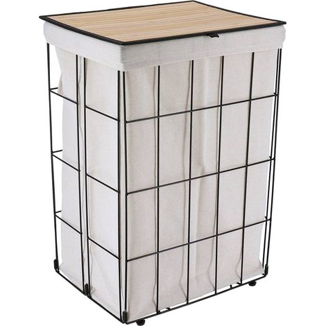 Faltbarer wäschekorb aus metall mit bambusdeckel - schwarz naturstoff - Tendance