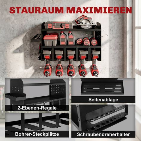 Gartengeräte-Organizer mit 2 Ebenen, Gartengeräteständer mit Haken, Seitenfach, Tragkraft 50 kg, 61,8 x 23 x 32,7 cm, Schwarz. (1/5)
