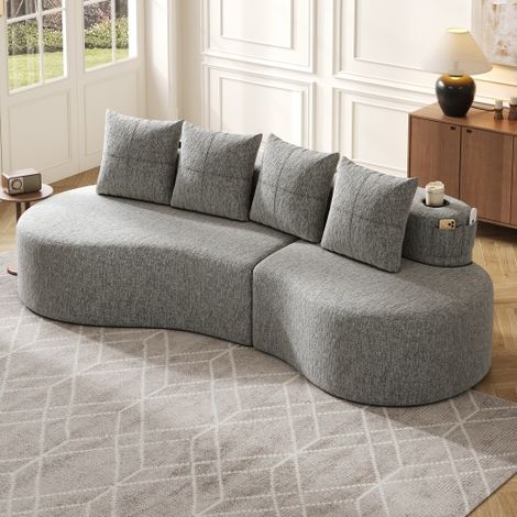 Canapé en lin avec 4 coussins de dossier, garni de mousse haute densité et de duvet, porte-gobelets et poches de rangement latérales – design unique, confortable et respirant. Idéal pour le salon, la  (1/4)
