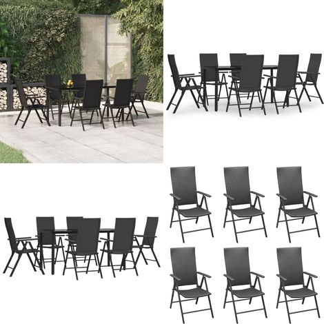 Set da Pranzo da Giardino 7 pz Nero in Polyrattan - Tavolo da pranzo da esterno - Sedie da giardino
