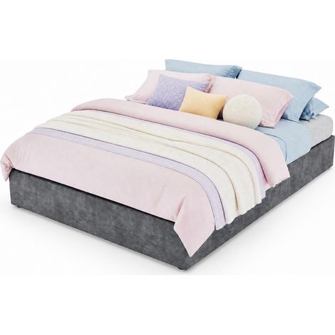 Cadre de lit 140x200 cm gris en tissu effet velours, structure métallique stable, design géométrique avec vérins pneumatiques, montage facile – CHICFURN (1/5)