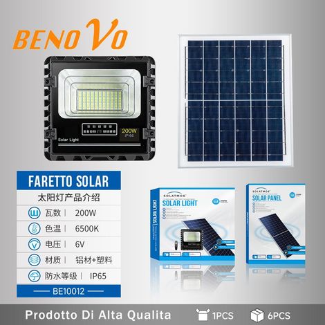 Faro led 200W con pannello solare 12w sensore crepuscolare esterno ip66 150lm/w (1/4)