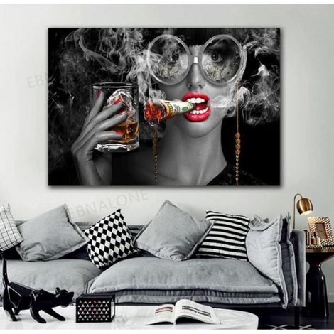 Moderne Simple Fumer Femme Vin Verre Art Toile Peinture Affiche et Impressions Mur Art Salon Cuisine Décoration 50x70cm Sans Cadre (1/4)