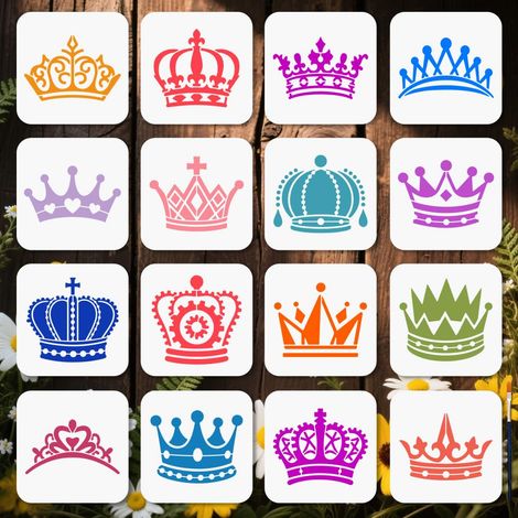 16 pochoir Couronne 15 × 15cm Réutilisable Motif Roi Reine Princesse Pierres Précieuses avec Pinceau pour Bijoux Royaux pour Bois Tissu Mur Fenêtre Bricolage (1/5)