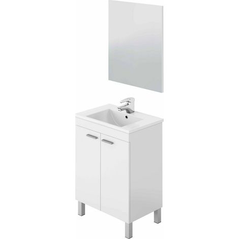 Pegane – Meuble sous vasque 60 cm avec 2 portes et miroir blanc brillant – H80 x L60 x P45 cm – Panneau aggloméré haute densité certifié PEFC