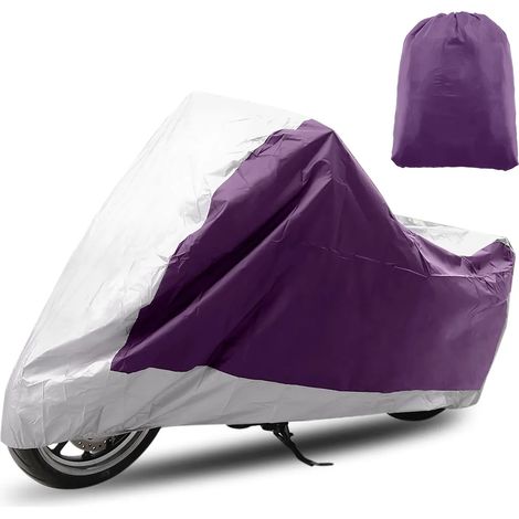 Housse de moto toutes saisons, universelle, résistante aux intempéries et au soleil, avec sac de rangement, compatible avec les motos jusqu'à 265 cm (104,33 pouces), taille XXL, coloris violet/argenté (1/4)