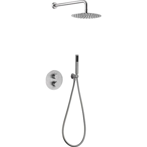 Colonna Doccia Incassata con Termostato  Modello MOSCA  Soffione di dimensioni Standard  Colore Grigio Finitura in Acciaio [ IMEX® ]