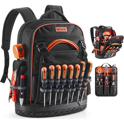 VEVOR Sac a Dos a Outils, Charge 31,75 kg, Sac a Outils 36,5x19,5x47 cm avec 64 Poches, Compartiment Ordinateur Portable, Base, Organisateur a Outil Robuste pour Chantier, Electricien, Reparateur CVC