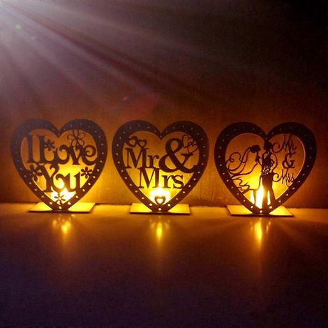 Ornements de mariage en bois MR&MRS Plaque pendentif romantique en forme de cœur avec lumière LED - JE T'AIME - (1/4)