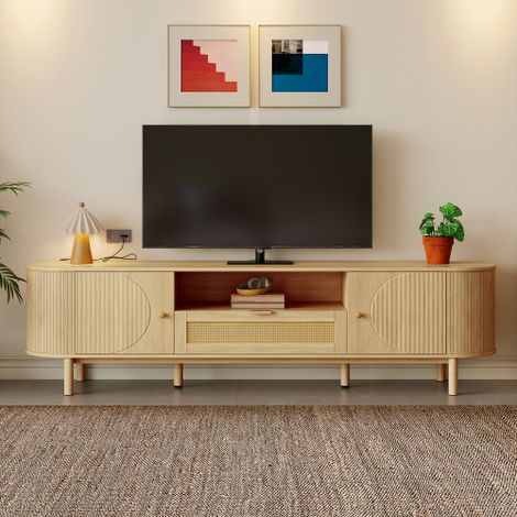 Meuble TV moderne avec tiroirs en rotin à compartiments ouverts, plateau arrondi, pieds en métal aspect bois, meuble de salon multifonctionnel. (1/5)