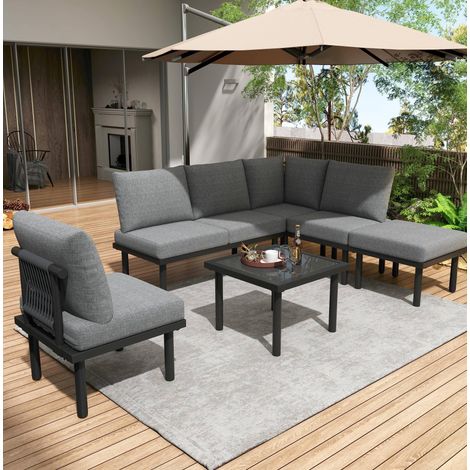Ensemble de jardin en acier galvanisé 6 places gris avec coussins déhoussables et plateau en verre (1/5)