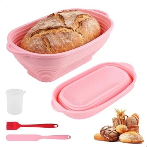 Banetones pour le pain, boîte à pain pliable en silicone, 2 boîtes à pain ovales de table avec brosses, spatules et tasses à mesurer pour les boulangers amateurs (rose) (1/5)