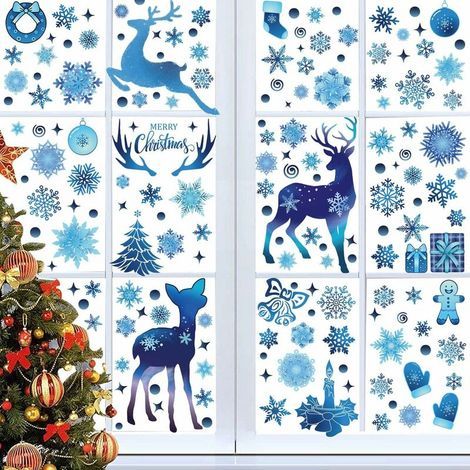9 Sheets Christmas Window Decoration Stickers Blue Reindeer White PVC Christmas Window Stickers Reusable Snowflake Sticker for Door Shop Window Glass Christmas Party Home Interior Decor (1/5)