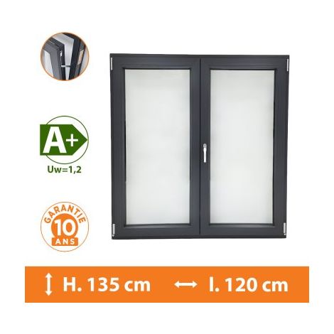 Direct Fenêtres – Fenêtre PVC 2 vantaux gris anthracite – H.135 x l.120 cm – Double vitrage A+ – Ouverture oscillo-battante – Isolation thermique et acoustique (1/5)