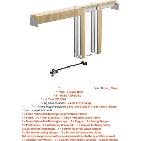 Kit de cadre de porte coulissante, mécanisme de fermeture douce, design durable, 30Wx80H pouce bois (1/2)