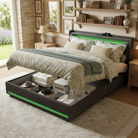 Letto contenitore 140x190 cm con testiera imbottita - LED - porta USB - spazio di stoccaggio idraulico - struttura in lino - base a doghe - letto per adulti - Grigio