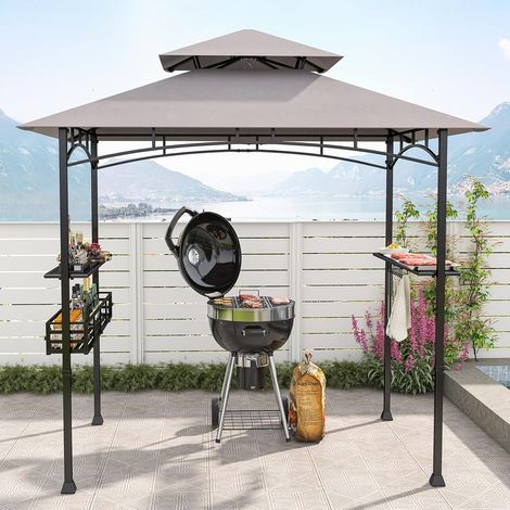 Tonnelle Barbecue Exterieur Auvent Abri Barbecue 2 Tablettes de Service Toit Ventilé Grand Panier Crochets Ouvre-Bouteille Gris (1/2)