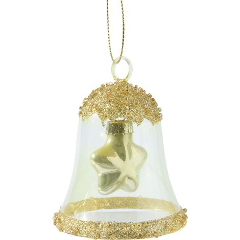 Campana di vetro trasparente con glitter d'oro e perline L 6.2 x P 6.2 x H 7.5 cm