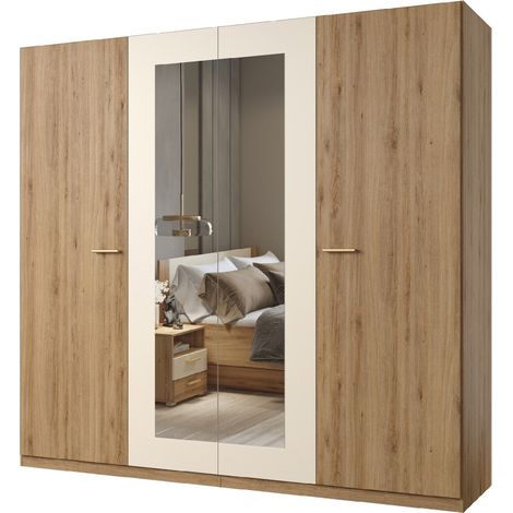 Armadio VERTIGO – 4 porte con specchio – 228x215 cm – Rovere selvaggio e beige sabbia