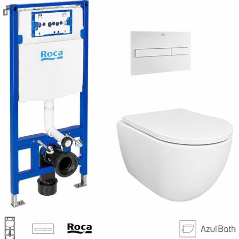 Pack WC Bastidor empotrado ROCA Duplo cisterna empotrada y pulsador PL7 blanco mate con inodoro suspendido SWISS 53 cm Tornado y Soft-Close de Azul Bath