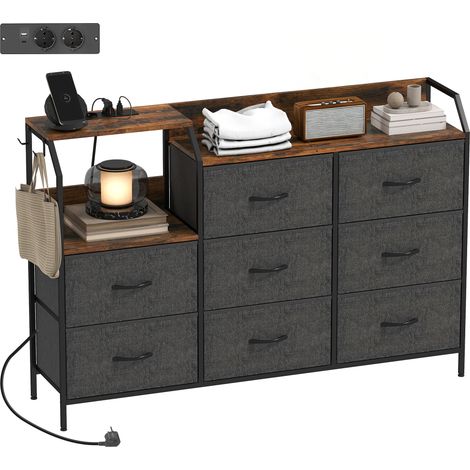 Cassettiera con stazione di ricarica, 8 cassetti in tessuto, ripiano a giorno, 130,5x30x88 cm, marrone