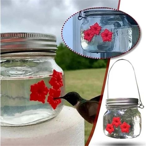 Transparente Kolibri-Futterspender zum Aufhängen im Freien, Kunststoff-Futterspender mit 4 Silikon-Blumen-Futteröffnungen, Outdoor-Hinterhof-Dekoration für Garten, Terrasse, Veranda, Bäume (1/5)