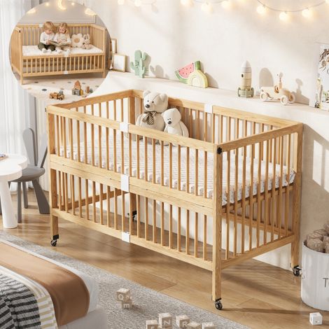 Modernluxe - Lit bébé évolutif en bois massif 140x70cm - Lit à barreaudage multifonction avec roulettes, 4 niveaux - Naturel (1/5)